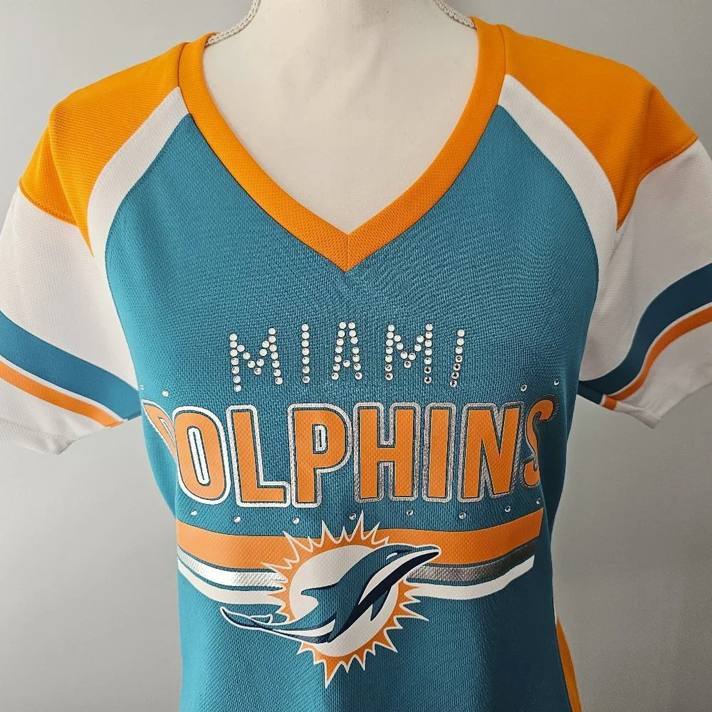 women's MAJESTIC fan fashion MIAMI DOLPHINS gameday SHIRT polyester RHINESTONES - Picture 1 of 8